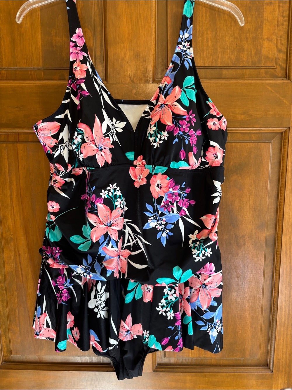 Black Floral Swimdress with Pink & Teal Blooms